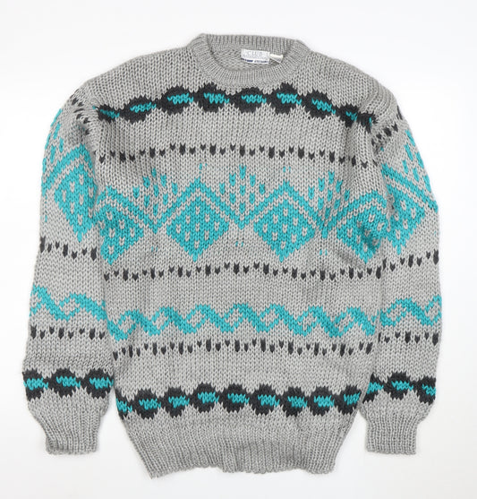 Club International Men's Grey Chunky Knit Geometric Pullover Jumper S