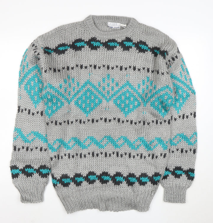 Club International Men's Grey Chunky Knit Geometric Pullover Jumper S