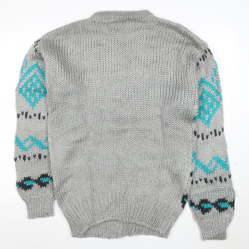Club International Men's Grey Chunky Knit Geometric Pullover Jumper S