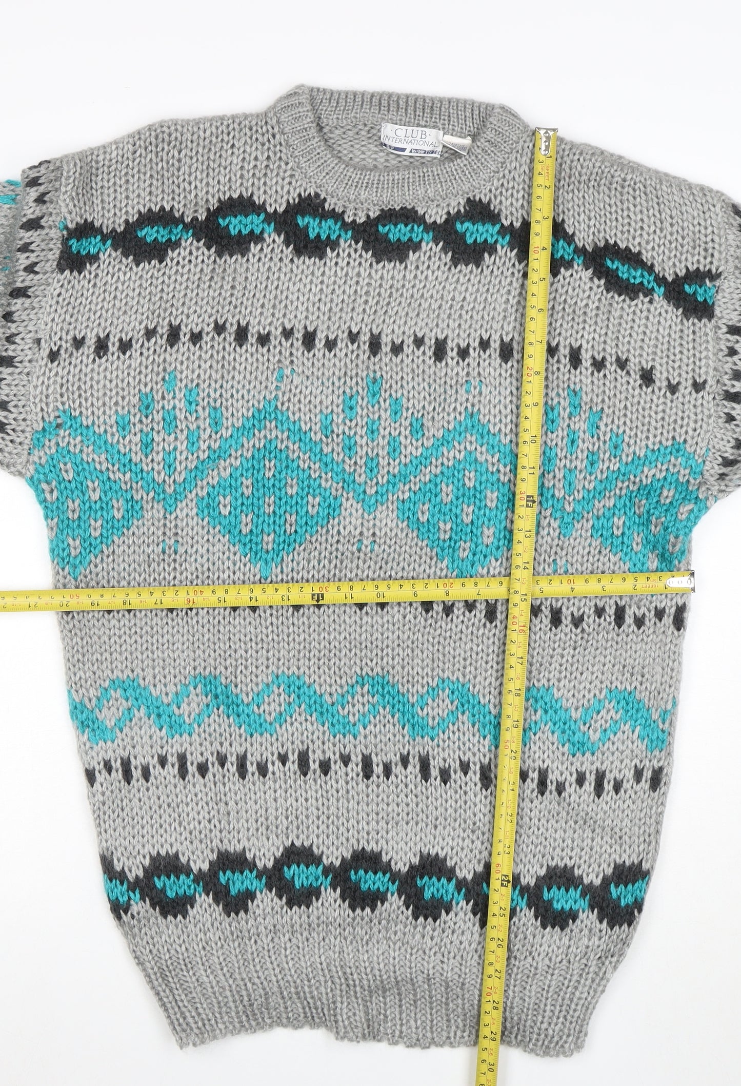 Club International Men's Grey Chunky Knit Geometric Pullover Jumper S