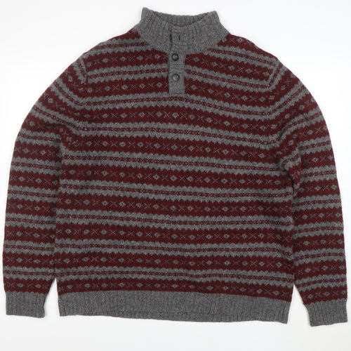 Eddie Bauer Mens Grey Wool Fair Isle Henley Jumper Size L