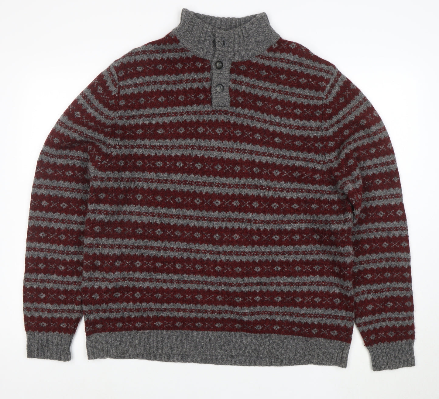 Eddie Bauer Mens Grey Wool Fair Isle Henley Jumper Size L