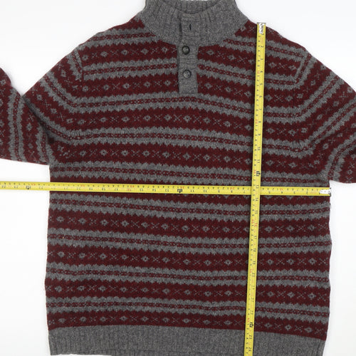 Eddie Bauer Mens Grey Wool Fair Isle Henley Jumper Size L