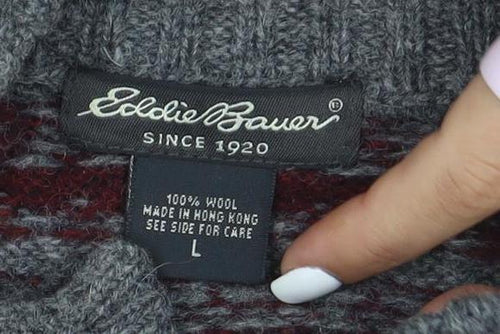 Eddie Bauer Mens Grey Wool Fair Isle Henley Jumper Size L