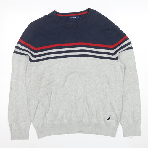 Nautica Men’s Grey Navy Striped Cotton Crew Neck Jumper M