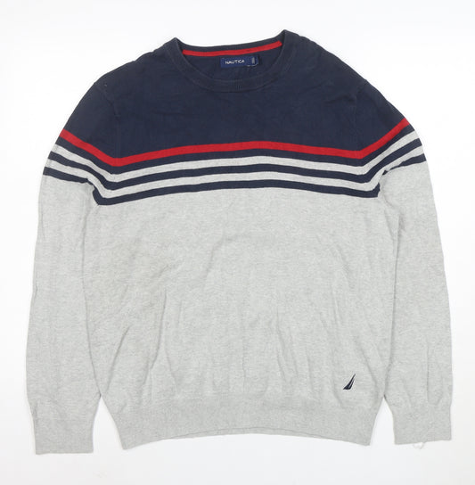 Nautica Men’s Grey Navy Striped Cotton Crew Neck Jumper M
