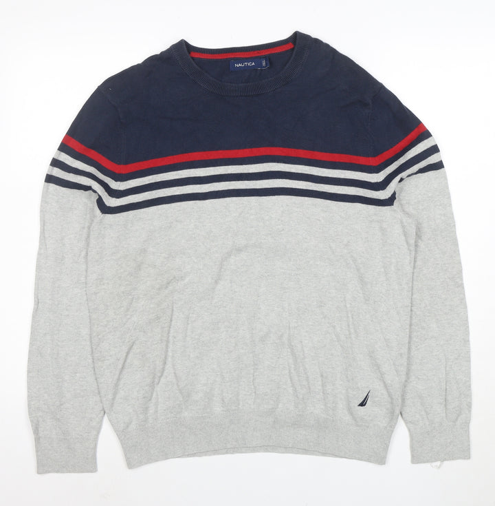 Nautica Men’s Grey Navy Striped Cotton Crew Neck Jumper M