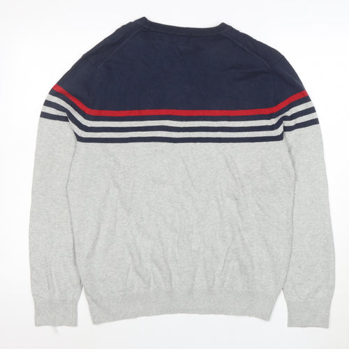 Nautica Men’s Grey Navy Striped Cotton Crew Neck Jumper M