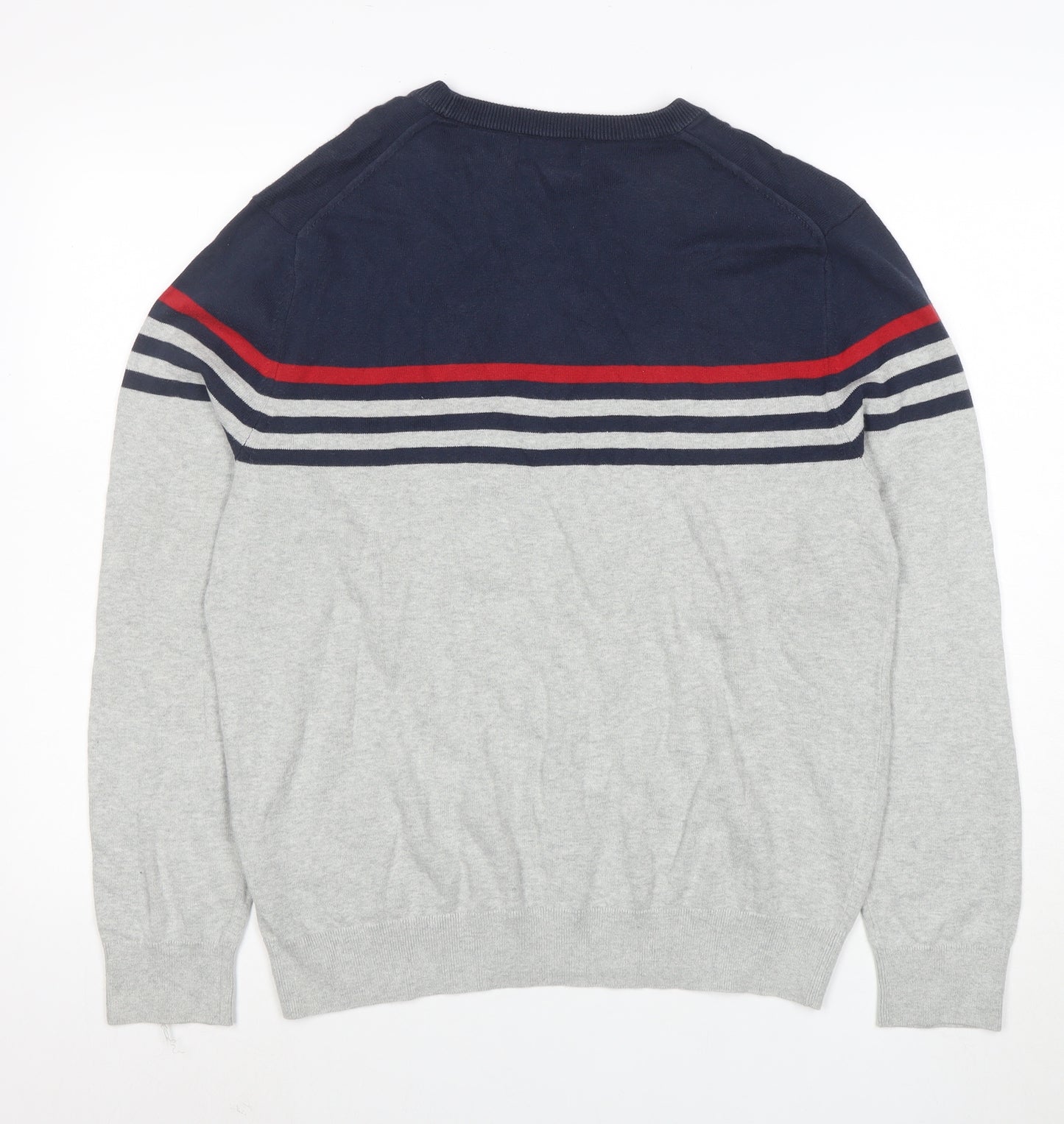 Nautica Men’s Grey Navy Striped Cotton Crew Neck Jumper M