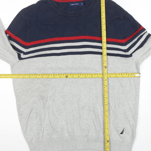 Nautica Men’s Grey Navy Striped Cotton Crew Neck Jumper M
