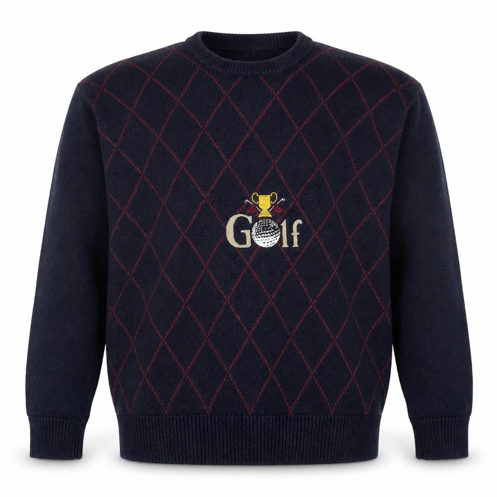 Front view of Harbour Classics Men's Blue Argyle Golf Knit jumper M