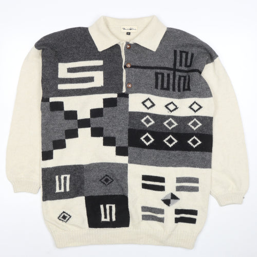 Panda Line Men's Beige Wool Henley Jumper L Geometric Knit