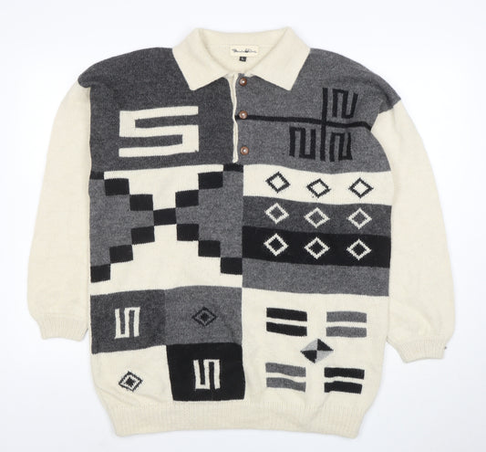 Panda Line Men's Beige Wool Henley Jumper L Geometric Knit