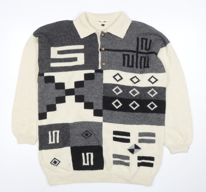 Panda Line Men's Beige Wool Henley Jumper L Geometric Knit