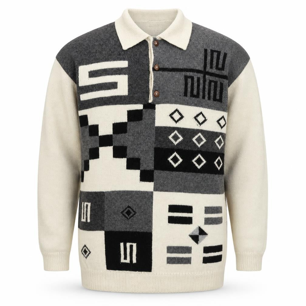 Front view of Panda Line Men's Beige Wool Henley Jumper L Geometric Knit