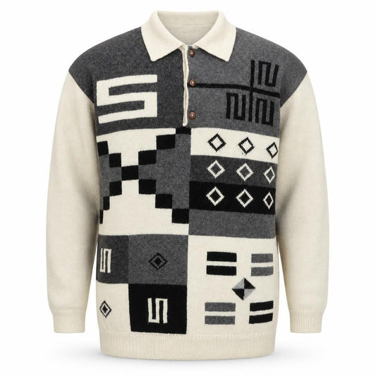 Front view of Panda Line Men's Beige Wool Henley Jumper L Geometric Knit