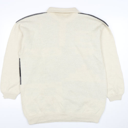 Panda Line Men's Beige Wool Henley Jumper L Geometric Knit