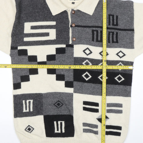 Panda Line Men's Beige Wool Henley Jumper L Geometric Knit