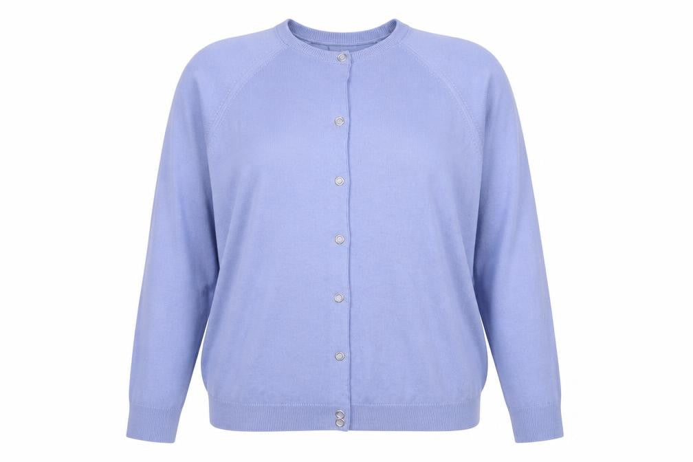 Front view of Jonelle Women's Blue Acrylic Crew Neck Cardigan, size 18