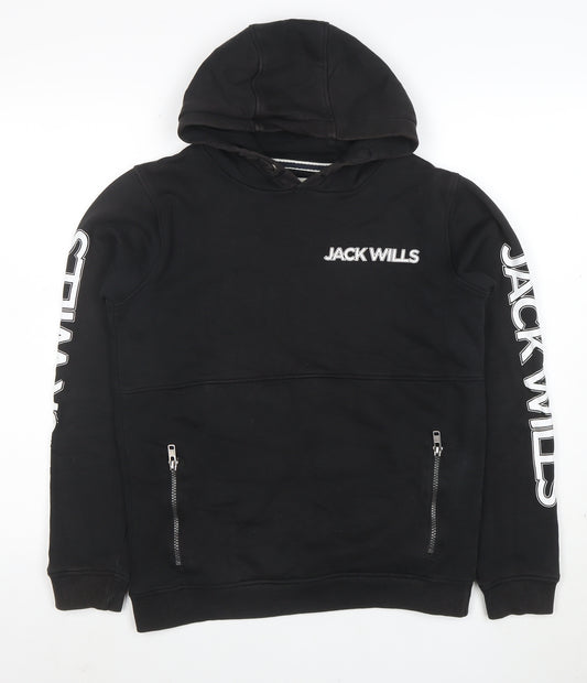 Jack Wills Boys Black Pullover Hoodie 12-13 Years with Zip Pockets