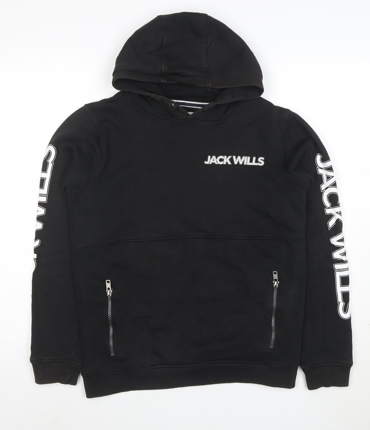 Jack Wills Boys Black Pullover Hoodie 12-13 Years with Zip Pockets