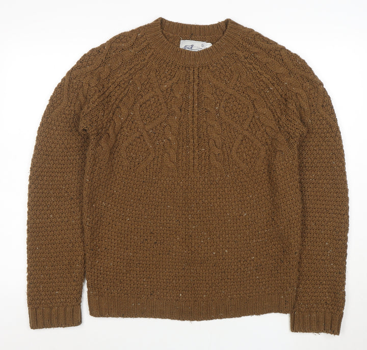 Farah Mens Brown Cable-Knit Wool Blend Pullover Jumper Size S