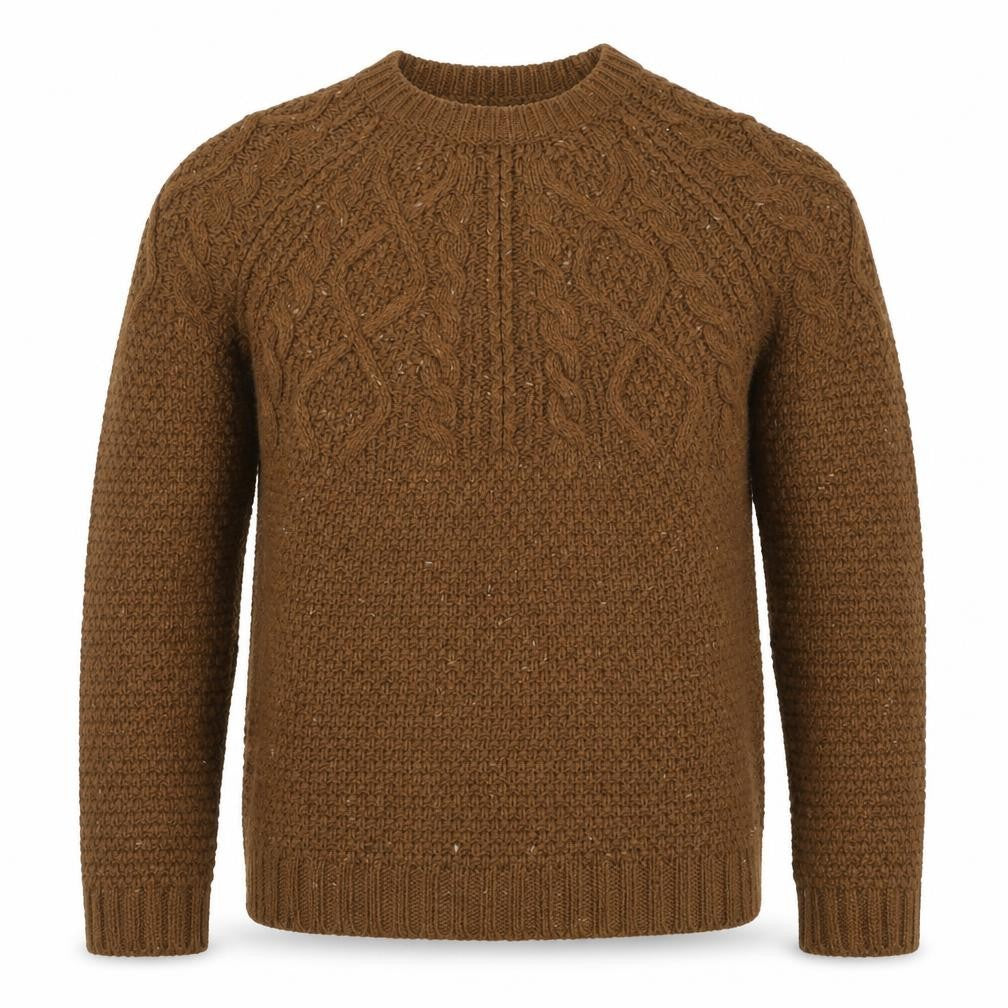 Front view of Farah men’s brown cable-knit wool blend jumper, size S