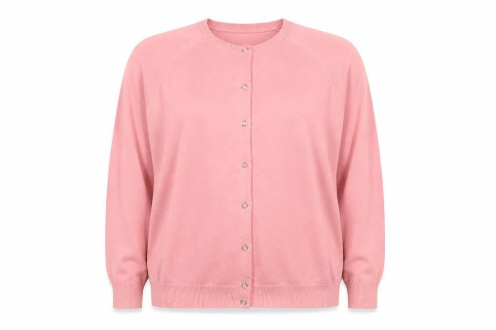 Front view of Jonelle women’s pink acrylic button cardigan, size UK 18, classic knit
