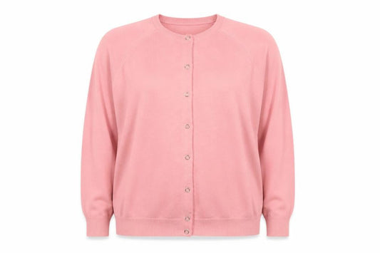 Front view of Jonelle women’s pink acrylic button cardigan, size UK 18, classic knit