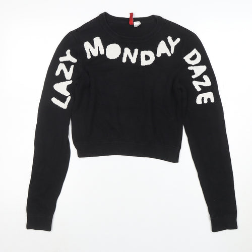H&M Divided Womens Black XS Knit Pullover Jumper Crew Neck 'Lazy Monday Daze'