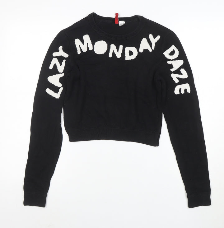 H&M Divided Womens Black XS Knit Pullover Jumper Crew Neck 'Lazy Monday Daze'