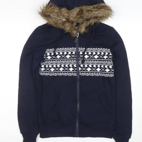 Brave Soul Womens Navy Faux Fur Hooded Full Zip Hoodie XS
