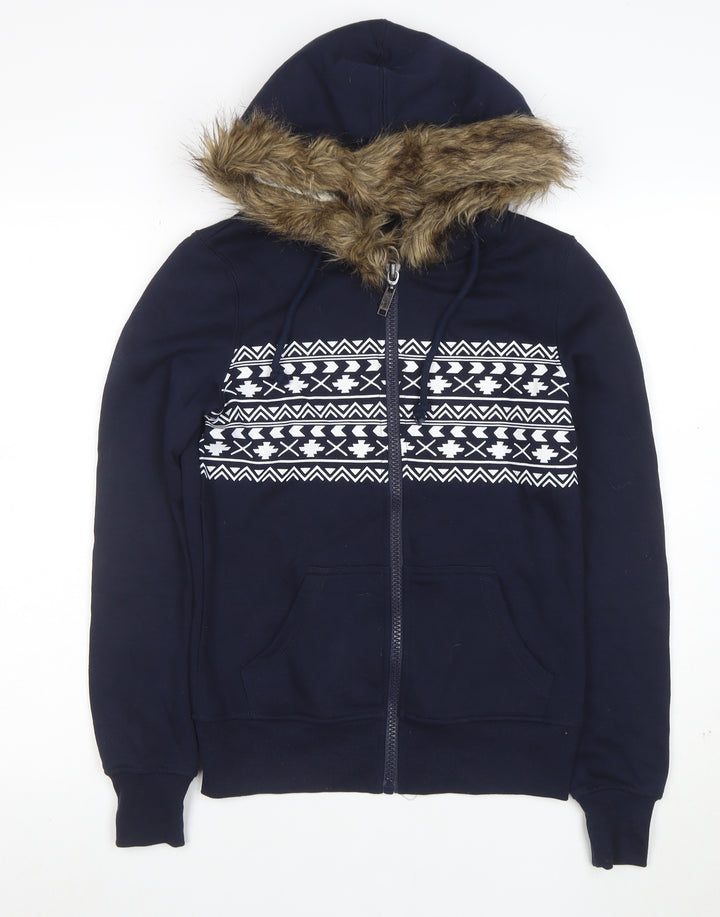 Brave Soul Womens Navy Faux Fur Hooded Full Zip Hoodie XS