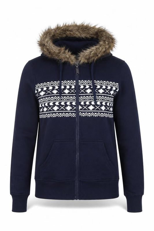 Front view of Brave Soul women’s navy faux fur hooded full zip hoodie xs