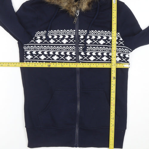 Brave Soul Womens Navy Faux Fur Hooded Full Zip Hoodie XS