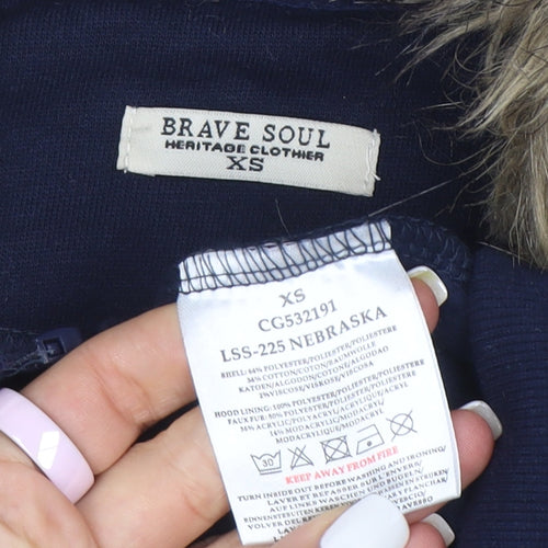 Brave Soul Womens Navy Faux Fur Hooded Full Zip Hoodie XS