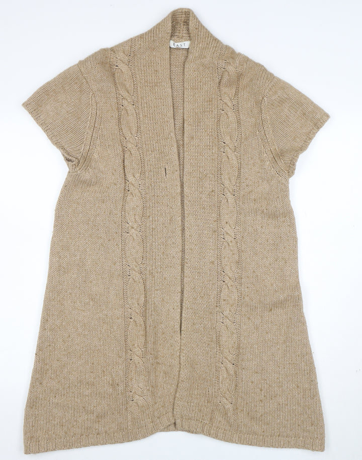 EAST Women Beige Cable Knit Short Sleeve Open Cardigan M