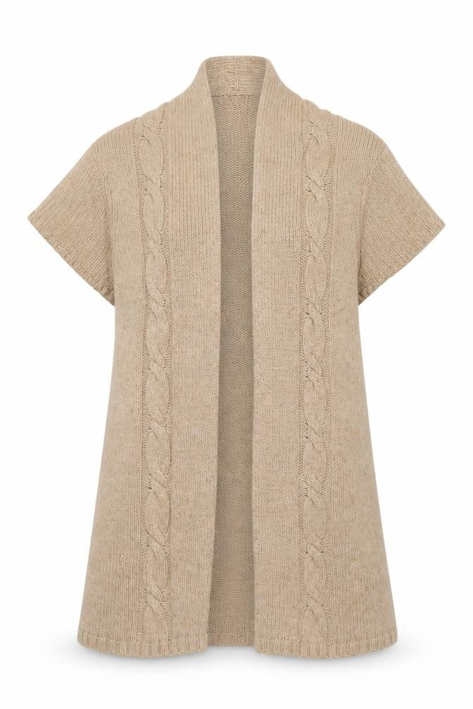 EAST Women Beige Cable Knit Short Sleeve Open Cardigan M