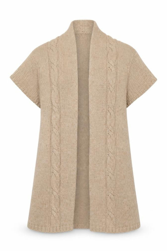 Front view of East Women Beige Cable Knit Short Sleeve Open Cardigan M