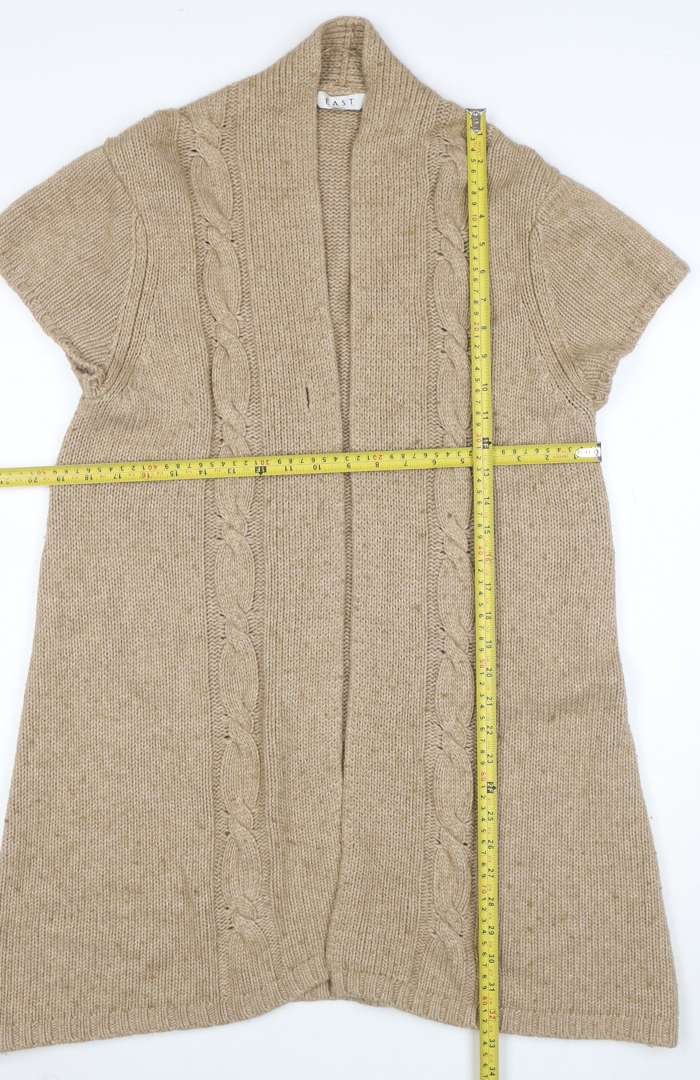 EAST Women Beige Cable Knit Short Sleeve Open Cardigan M