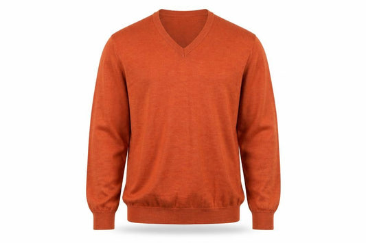 Front view of Marco Fiori Men's Orange Merino Wool V-Neck Jumper M