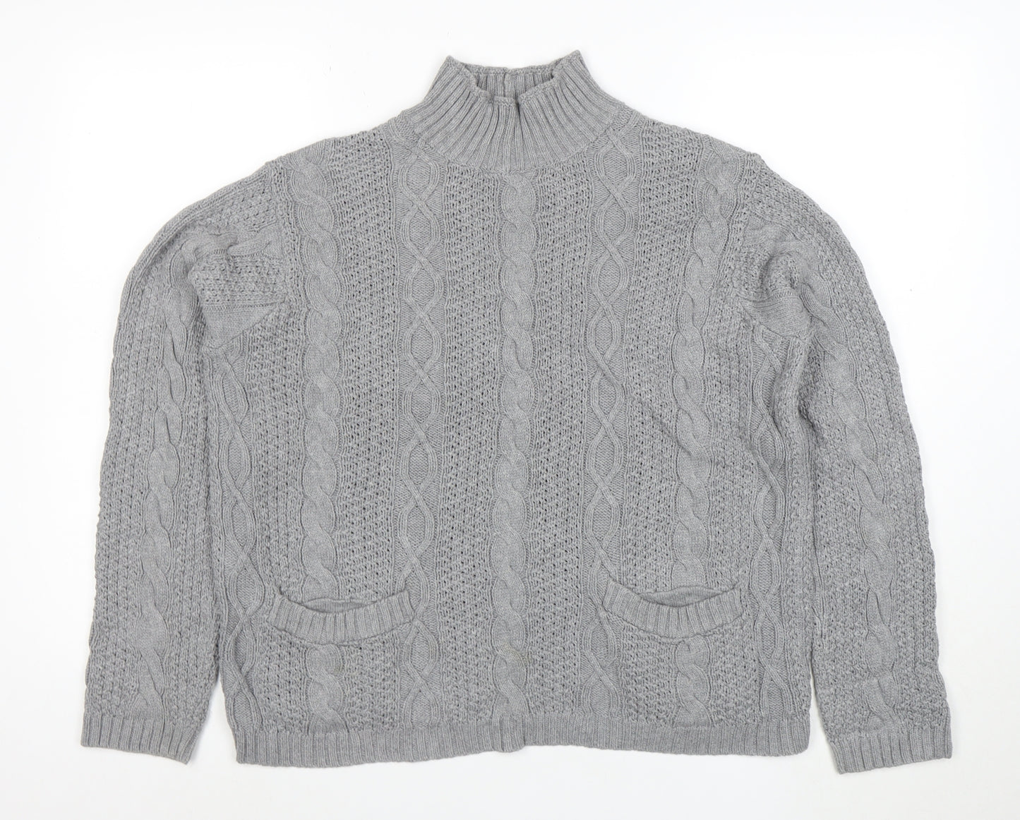 Jeanne Pierre Women's Grey Cable-Knit Mock Neck Cotton Jumper L