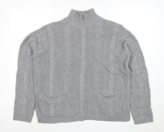 Jeanne Pierre Women's Grey Cable-Knit Mock Neck Cotton Jumper L
