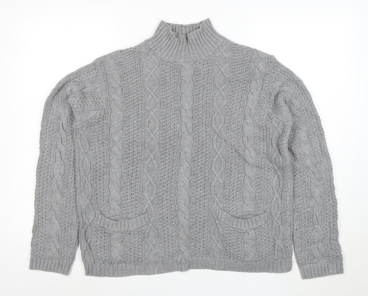 Jeanne Pierre Women's Grey Cable-Knit Mock Neck Cotton Jumper L