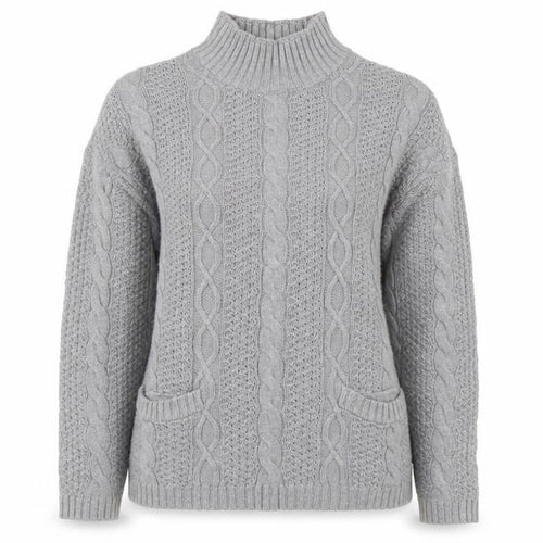 Jeanne Pierre Women's Grey Cable-Knit Mock Neck Cotton Jumper L