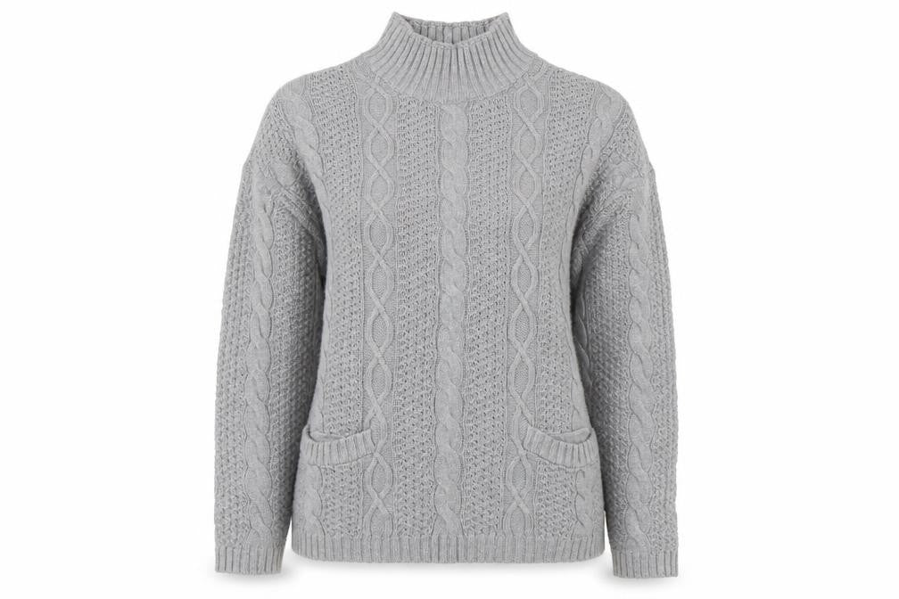 Jeanne Pierre Women's Grey Cable-Knit Mock Neck Cotton Jumper L