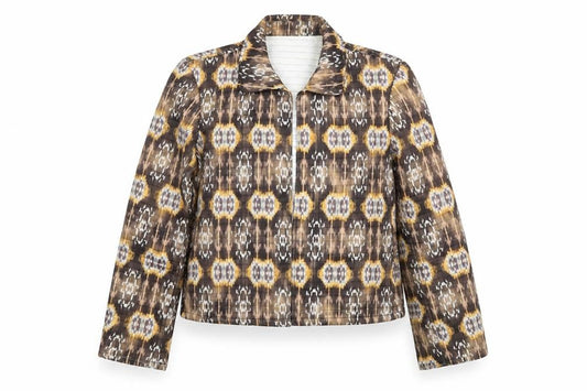Front view of Harvé Benard Women Brown Ikat Print Blazer, size 10, Polyester Jacket