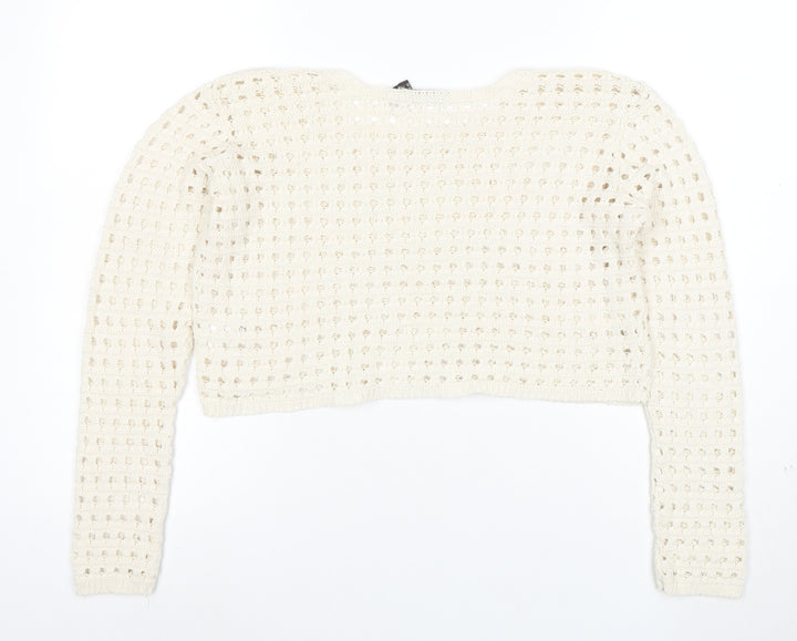 Pink Vanilla Women Ivory Crochet Knit Cropped Long Sleeve Blouse Size S