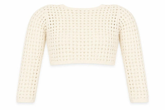 Front view of Pink Vanilla Women Ivory Crochet Knit Cropped Long Sleeve Blouse, size S