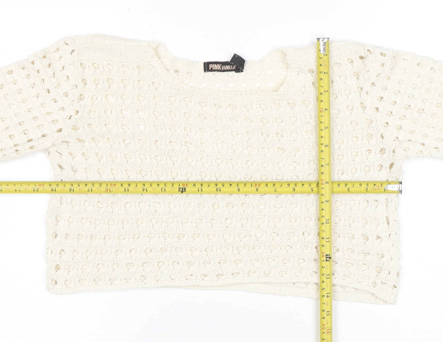 Pink Vanilla Women Ivory Crochet Knit Cropped Long Sleeve Blouse Size S